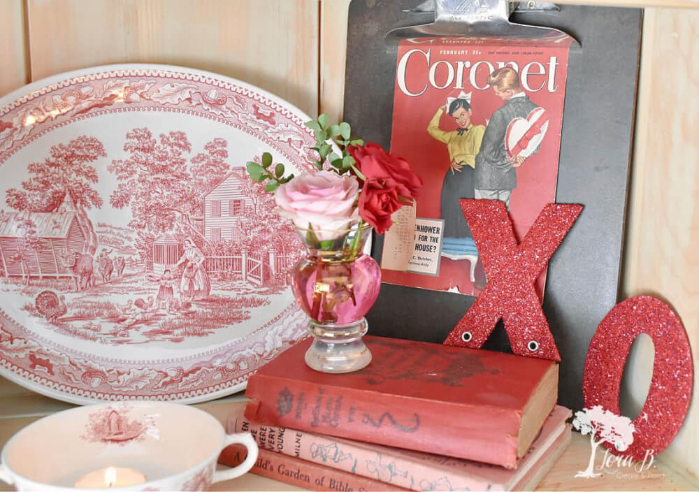 A vignette of red and white vintage items