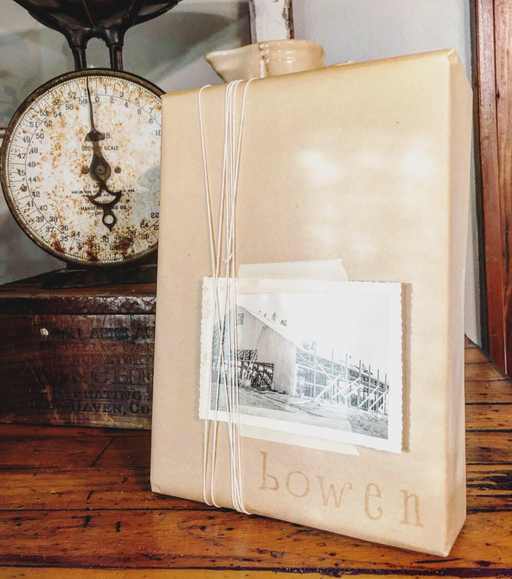 In 8 Unique Eco Friendly Gift Wrapping Ideas, use kraft or butcher paper with a vintage photo as an embellishment