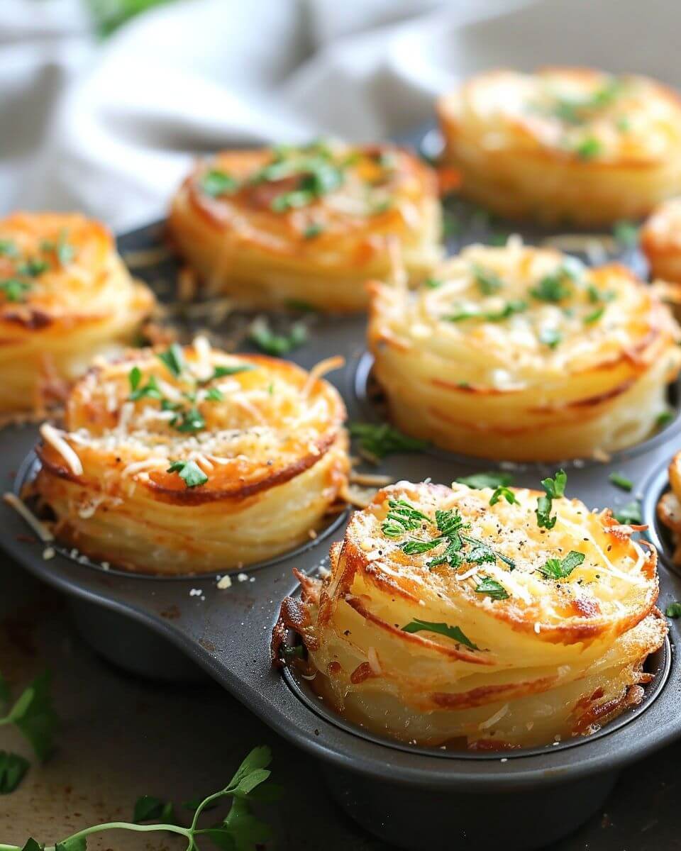 Parmesan potato stacks in a muffin tin