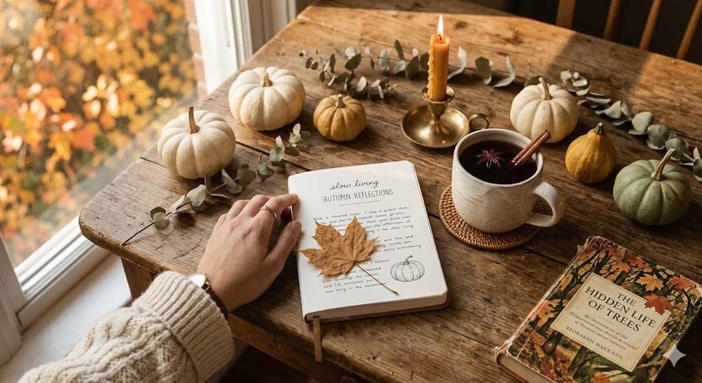 A wooden table with mini pumpkins, a book about autumn reflections, a cup of tea, and a woman sitting next to a window depicting fall weather.