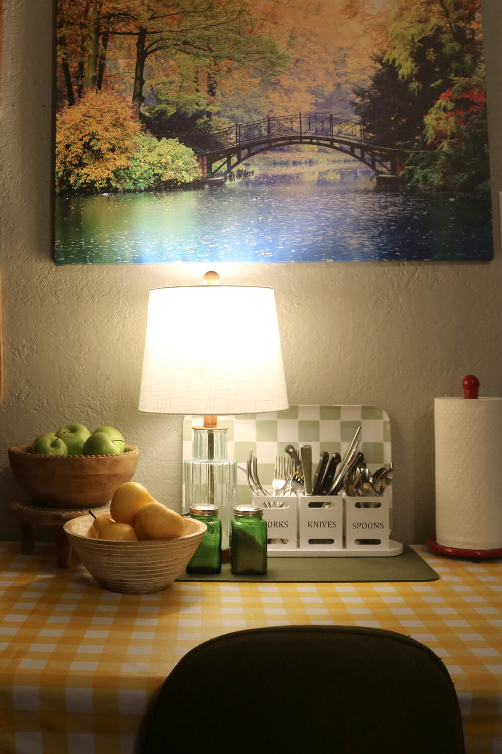 Lighting creates a cozy ambiance in a kitchen on the table.