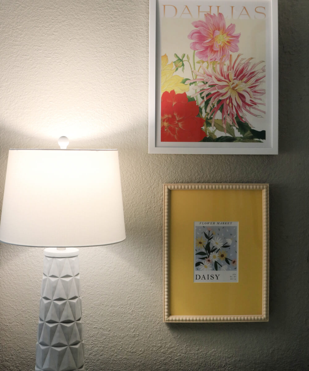 One side of my small bedroom, where I have matching gray table lamps on either side.