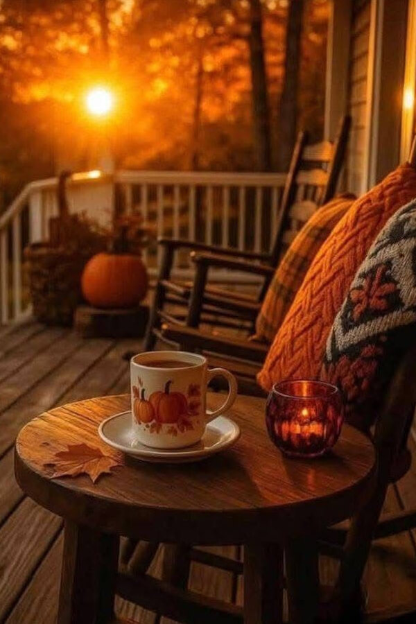 Rocking chairs on the porch with a table and coffee or tea in a mug and a small votive candle.