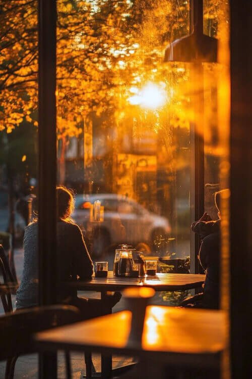 The bittersweet mood of autumn nostalgia with a woman sitting in a cafe looking out at the fall trees and street.