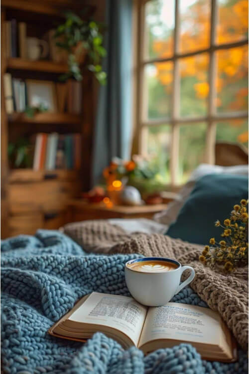An open book and a cup of coffee on a bed in front of the window that looks out on fall trees.