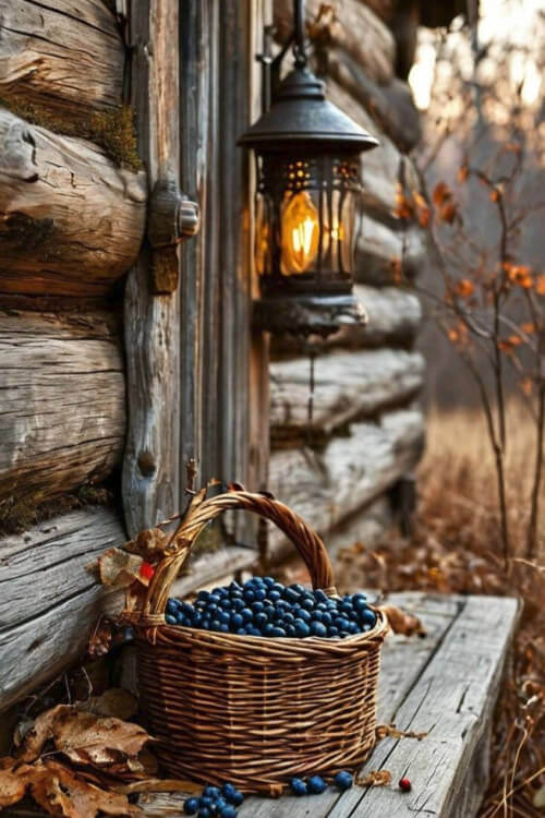The bittersweet mood of autumn nostalgia make me want to gather blueberries for blueberry cobbler. Here someone has gathered blueberries off the bushes and put them in this wicker basket.