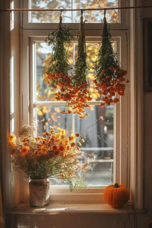 Flowers drying hanging from the window, and the same flowers in a jar below. A pumpkin sits on the windowsill.