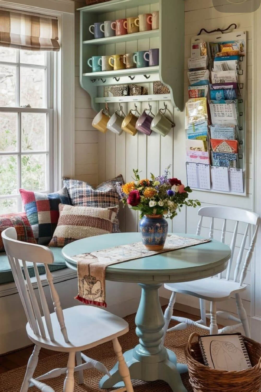 Small round blue table with white chairs and a window seat/banquette style seat. Mugs hanging the wall hanging from a shelf.