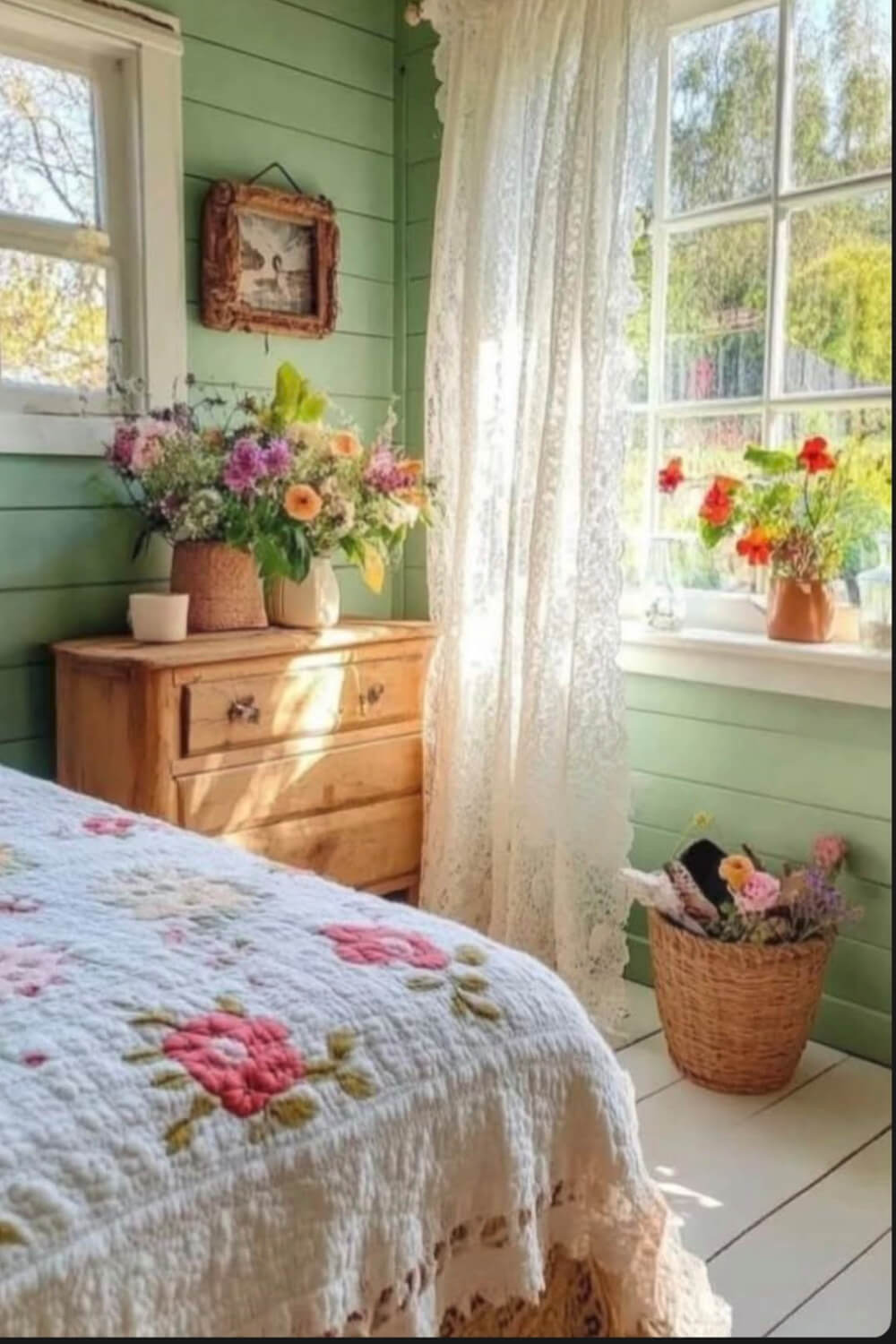 Admiring Decor Without Wanting to Redecorate means I can gaze at this green paneled bedroom with a wooden chest of drawers, a floral quilt on the bed, and lacy white curtains.