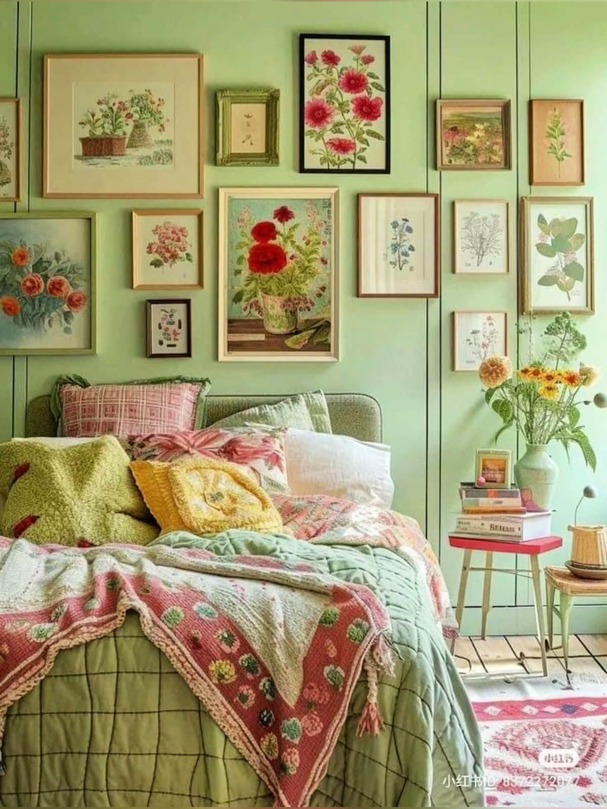 Admiring Decor Without Wanting to Redecorate means I can admire this green room with the floral gallery wall without wanting to adapt the look.