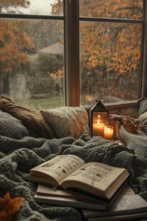 A dim room with books and candles in lanterns next to a window where raindrops cover the outer window.