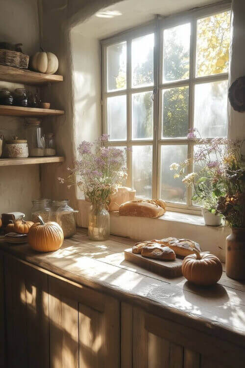 The bittersweet mood of autumn nostalgia make me want to bake bread. A cabinet countertop with pumpkins and flowers in jars.