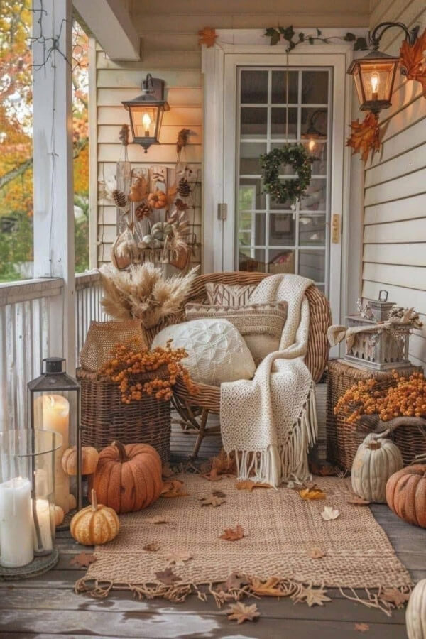 The bittersweet mood of autumn nostalgia would hit me sitting in this wicker chair on the porch looking out at the leaves falling. Pumpkins decorate the floor.