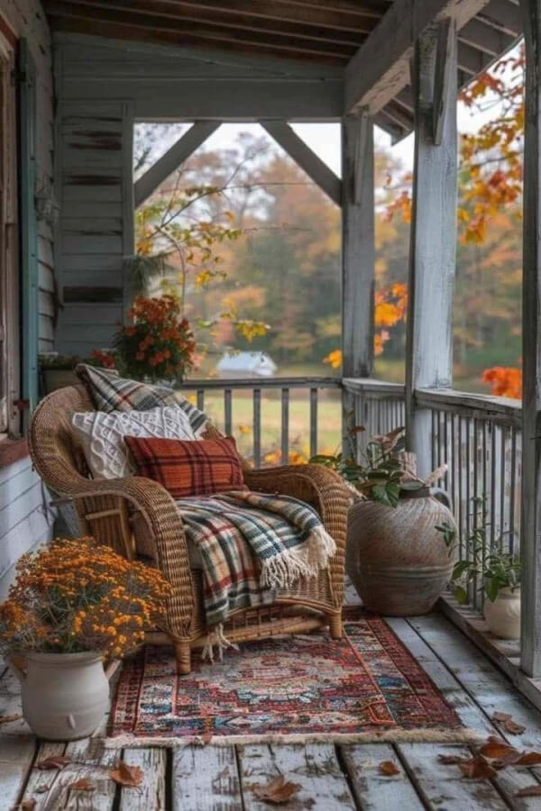 A porch with a railing and a wicker chair and a pot of flowers with pillows and a plaid blanket.