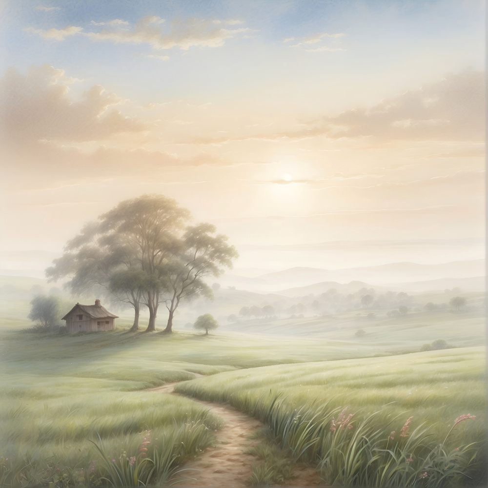 The green countryside with a small house in the distance.