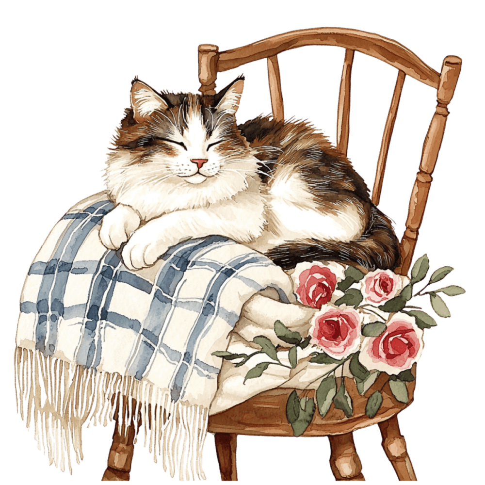 A cat laying on a blanket on a wooden chair.