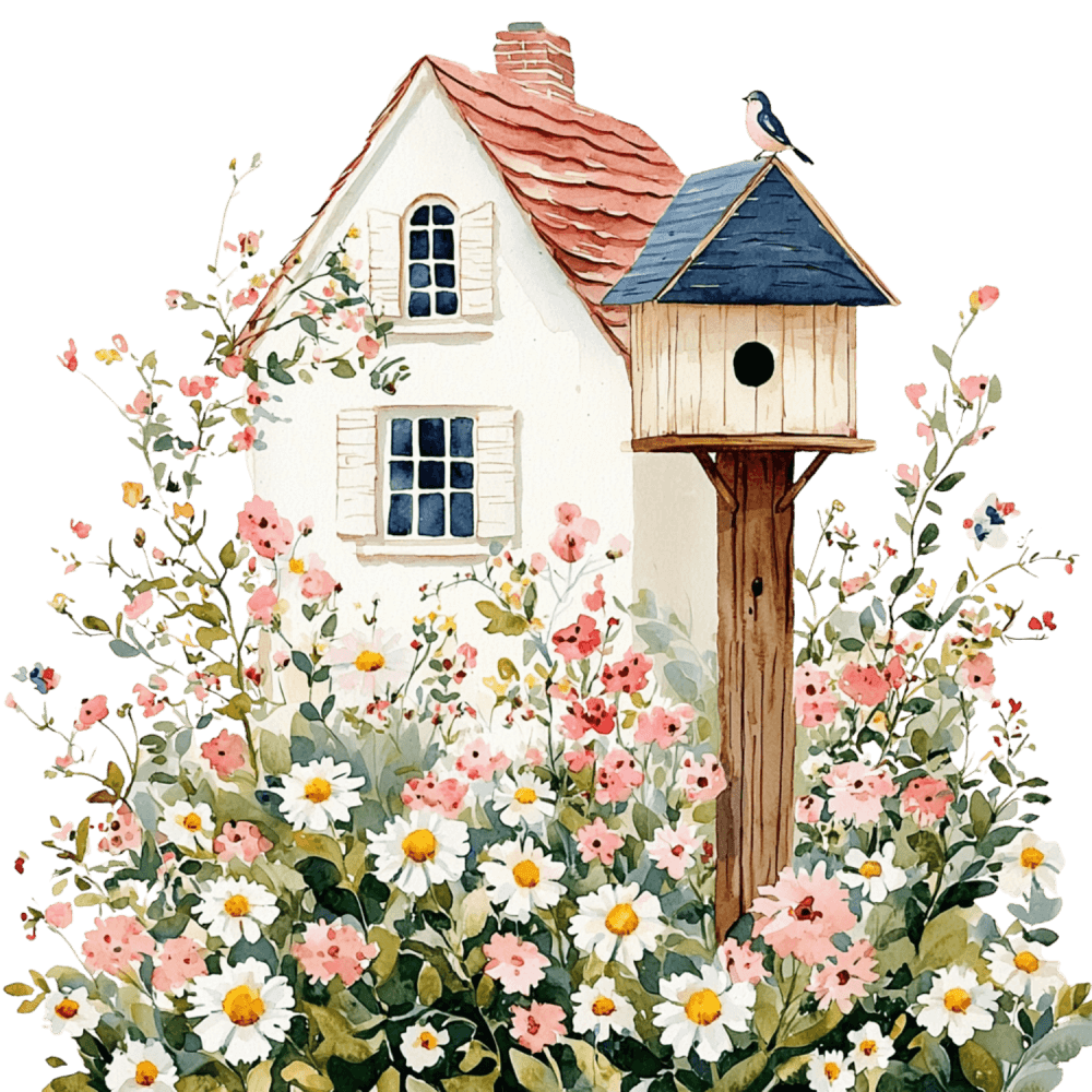 A bird perched on a birdhouse near a house with flowers.