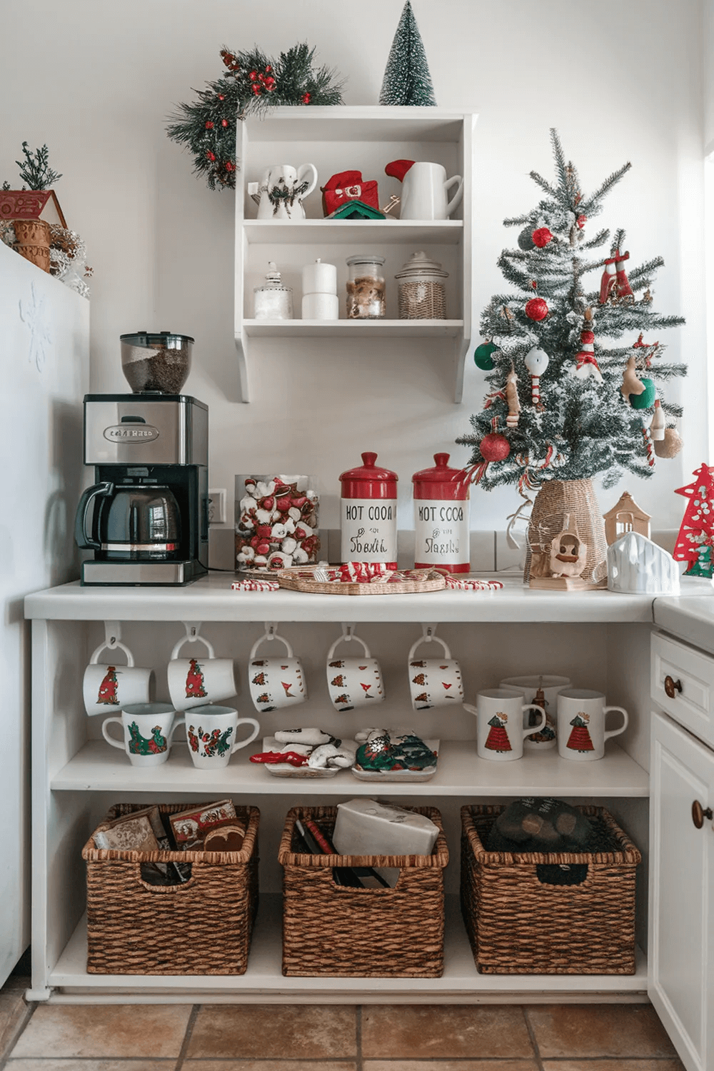 Beverage bar with Christmas tree, coffee maker, hot cocoa, and mugs and baskets underneath.