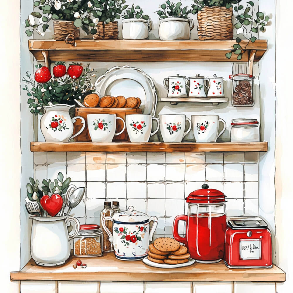 The Old-Fashioned Joy of a Cozy Nostalgic Christmas is seen in the kitchen, always. With red, white, and green dishware and sprigs of greenery.
