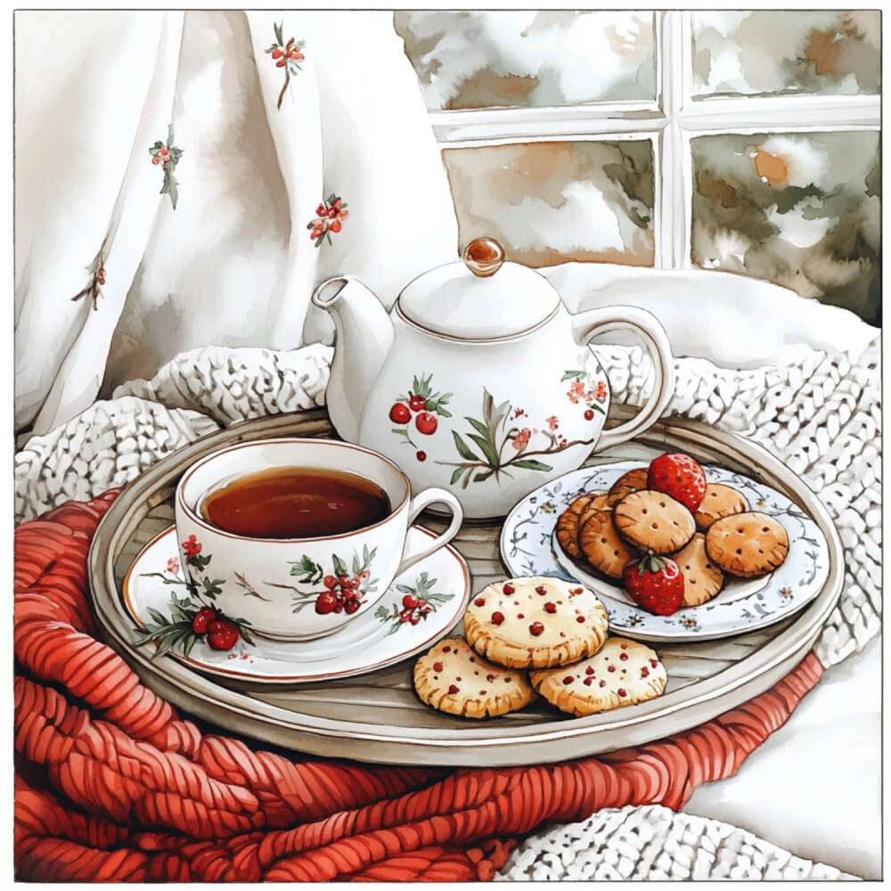 A table by the window with a pot of tea and freshly-baked Christmas cookies.