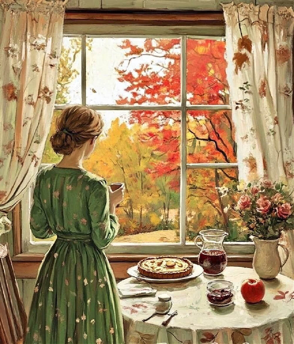 A woman gazing out the window at autumn leaves.