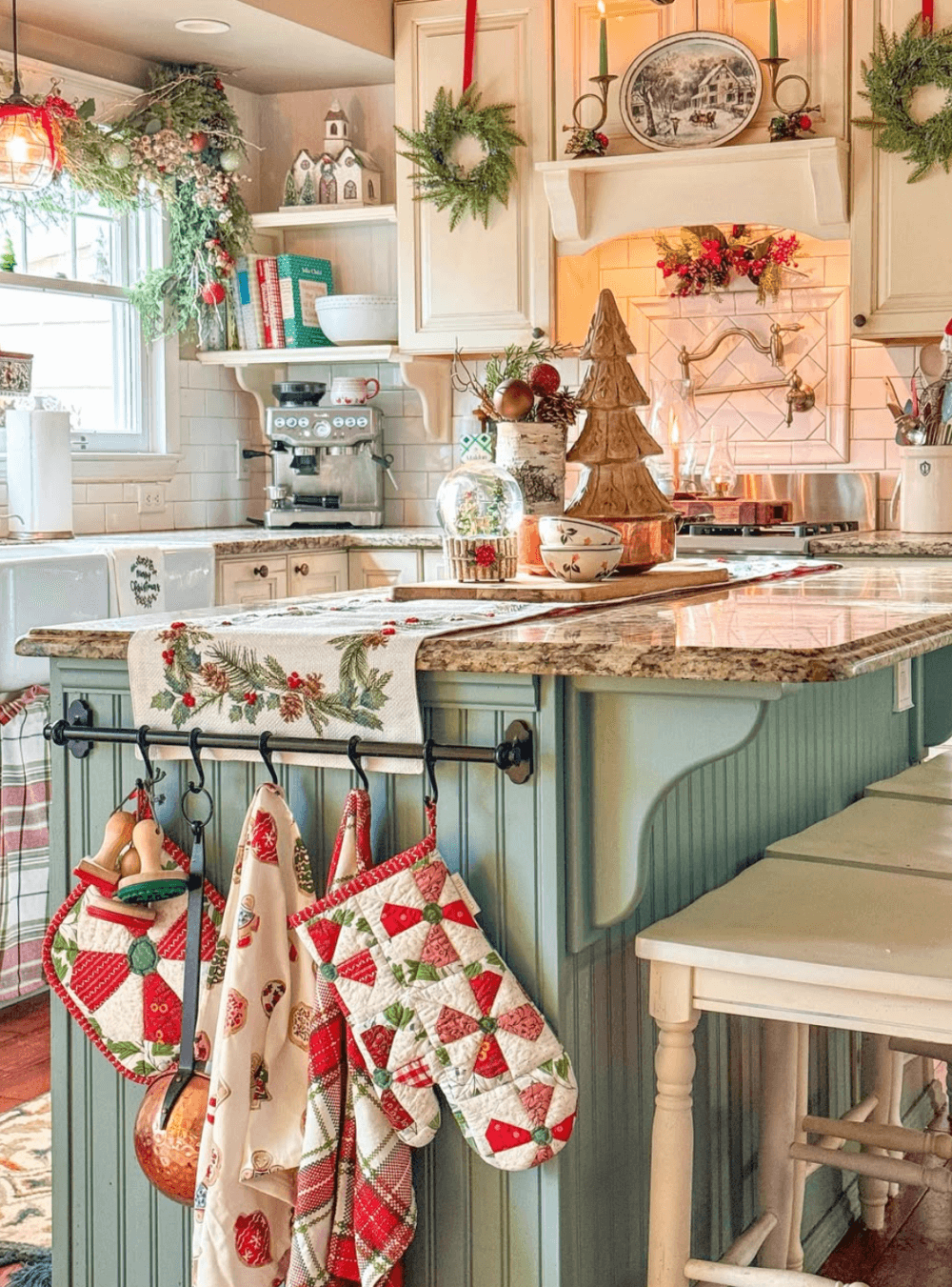 Holiday wreaths and decor for kitchen cabinets with a vintage-vibe all over the kitchen.