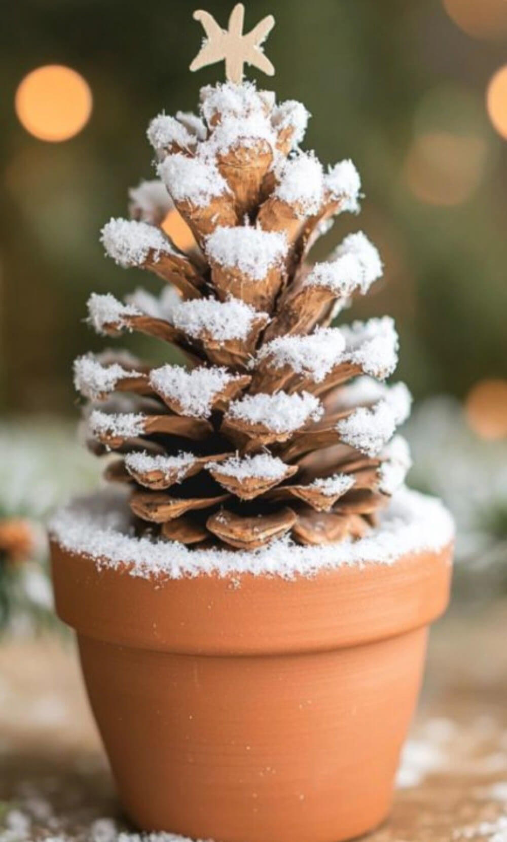 Pinecone with faux snow in pot.