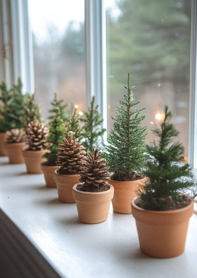 Pots with small trees and pinecones lined up in a windowsill.