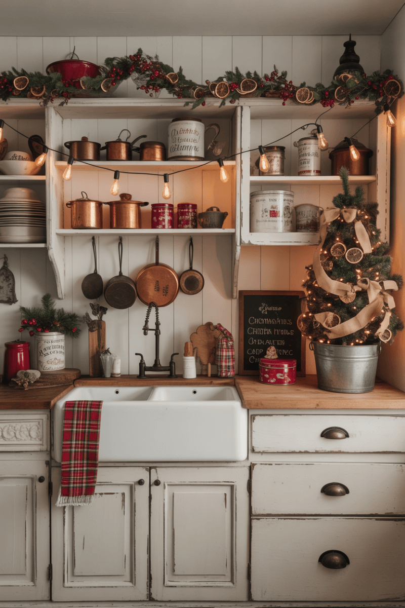 Rustic style kitchen with Christmas tree in bucket and vintage decor in cabinets.