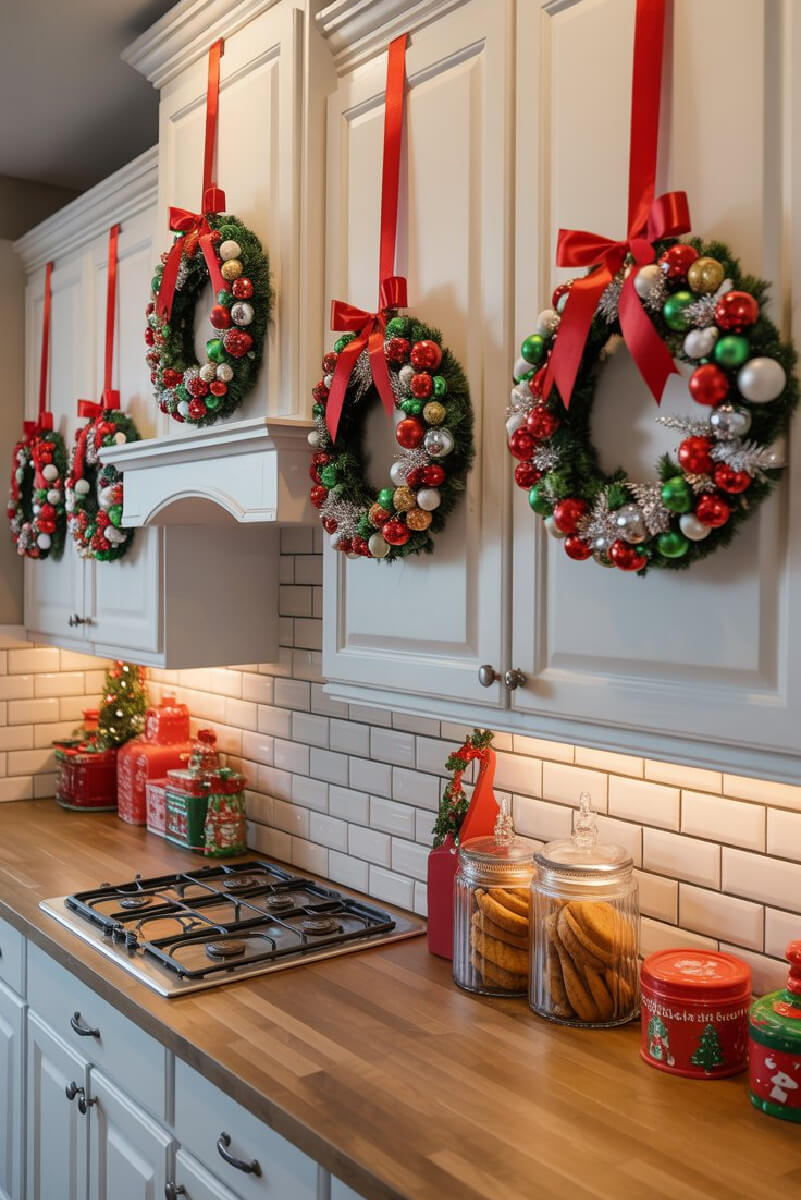 Red, white, silver, and green ornament wreaths to hang in kitchen.