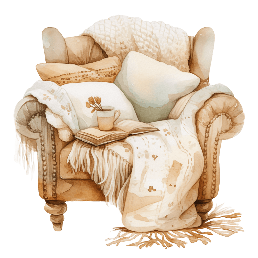 Big easy chair with throw blankets and pillows.