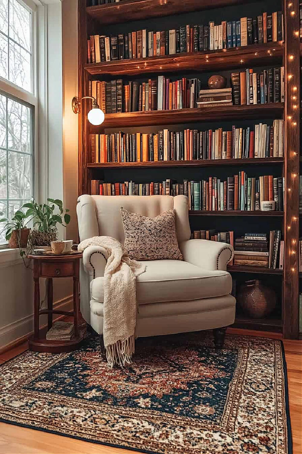 Small cozy Nook Home Libraries are a wonderful place to unwind at the end of the day. This one has bookshelves filled with books, twinkle lights, and house plants.