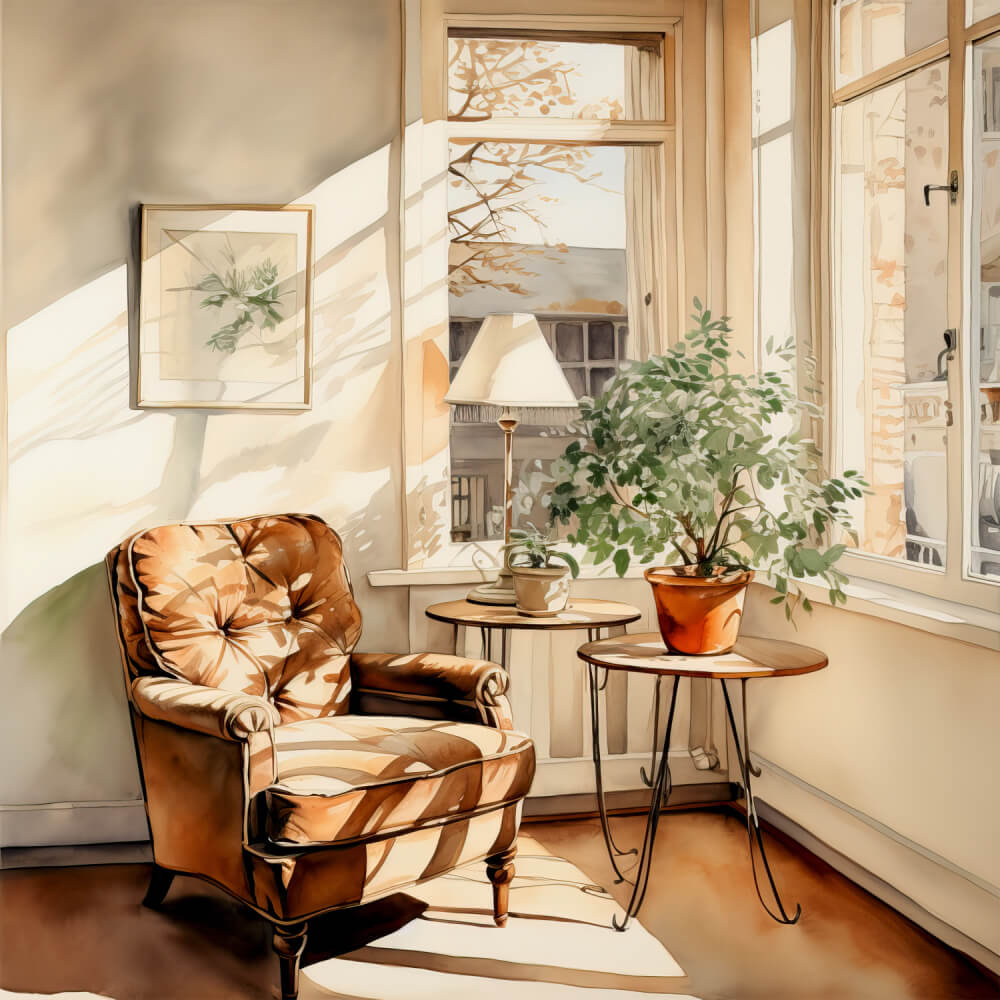 In 12 cozy indoor winter activities you could just sit and gaze outside. A brown easy chair next to side tables, a table lamp, and a green plant near windows.