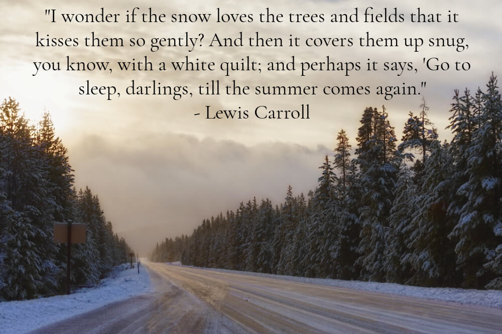 A quote by Lewis Carroll in a winter scene on a snowy road.