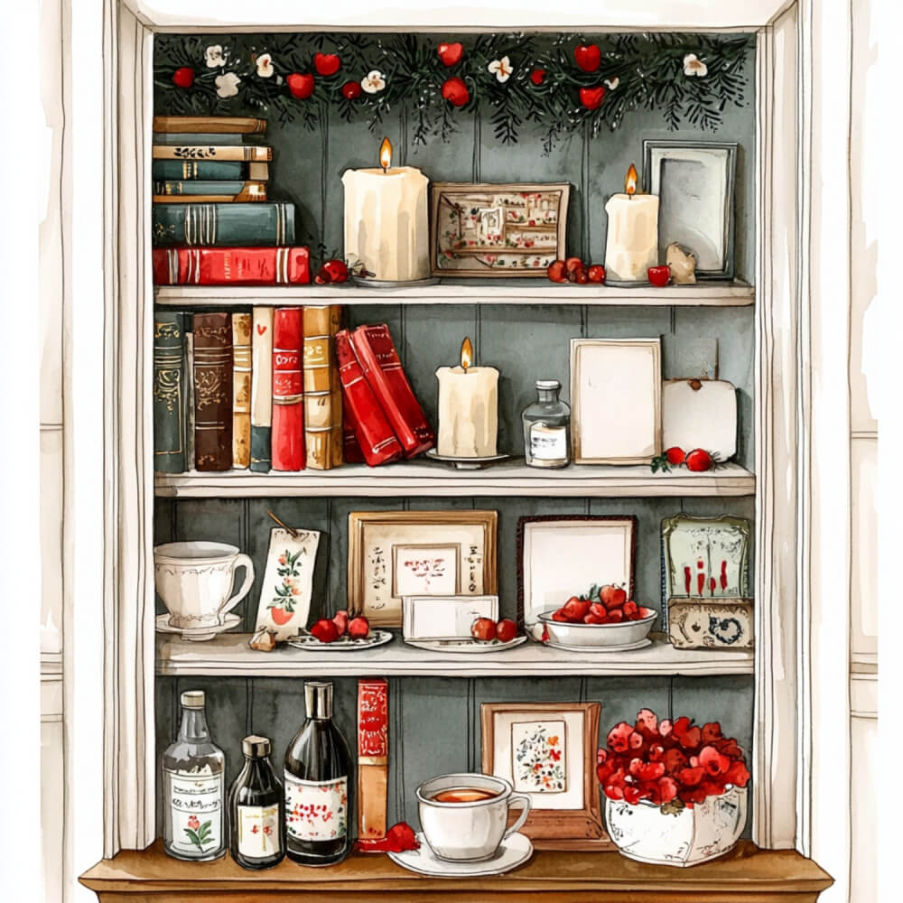 In 12 cozy indoor winter activities, you could clean and rearrange your bookshelves. Bookshelves are filled with books, candles, and decor.