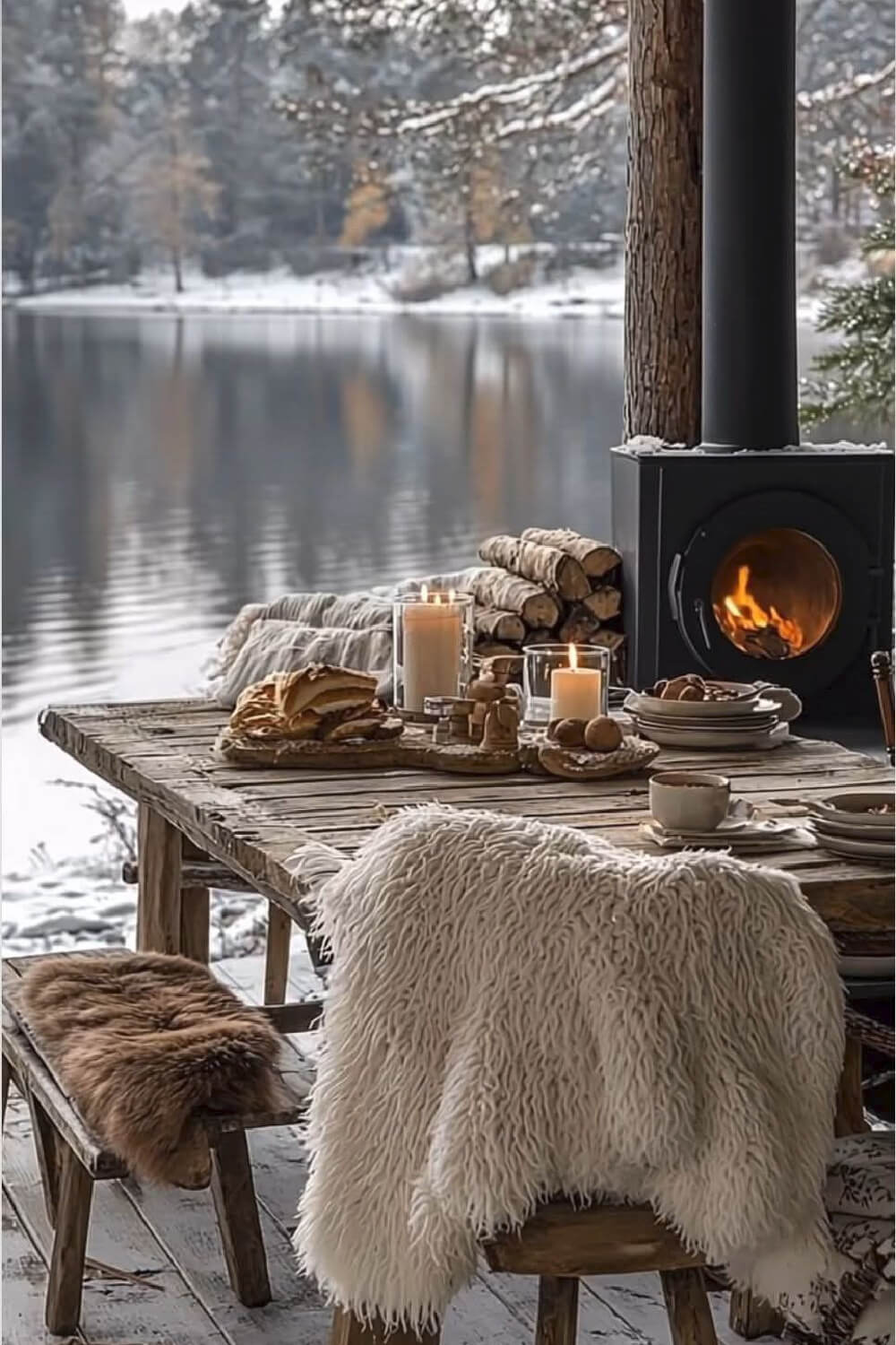 A Winter Wonderland of Cozy Moments looking at the lake outside the window while enjoying a warm fire.