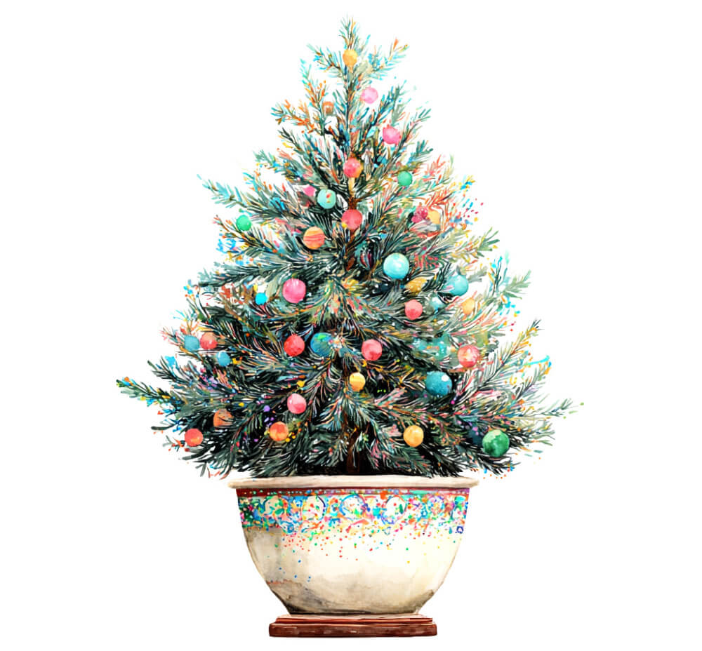 Watercolor graphic of a Christmas tree with multi-colored ornaments.