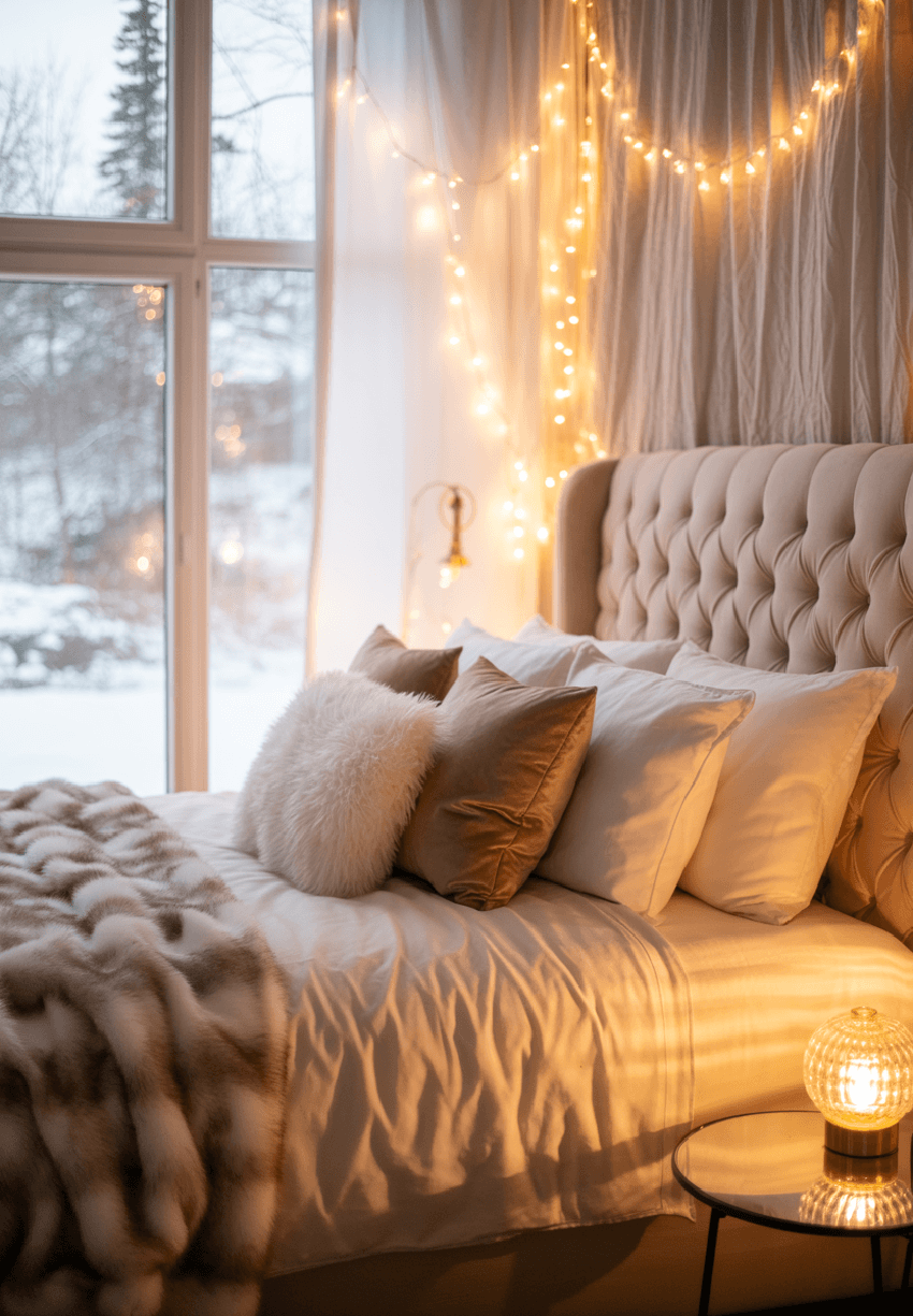 Creating a Cozy Winter Bedroom is soothing with neutral and textured bedding and soft lighting.