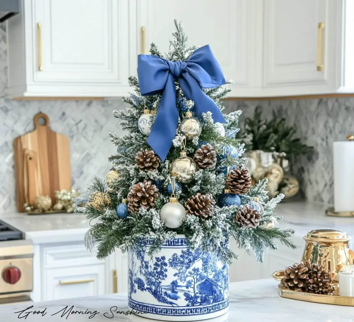 This little tabletop tree in blue, white, silver, and gold would also work for winter.