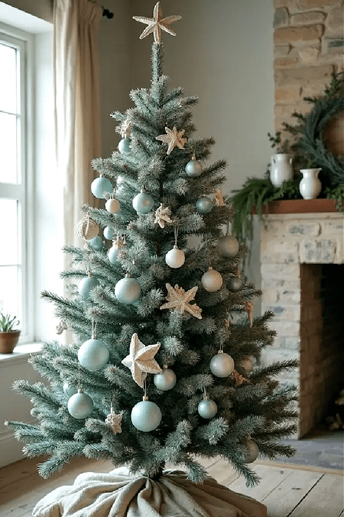 This coastal tree with soft blue and white ornaments and starfish is perfect for summer.