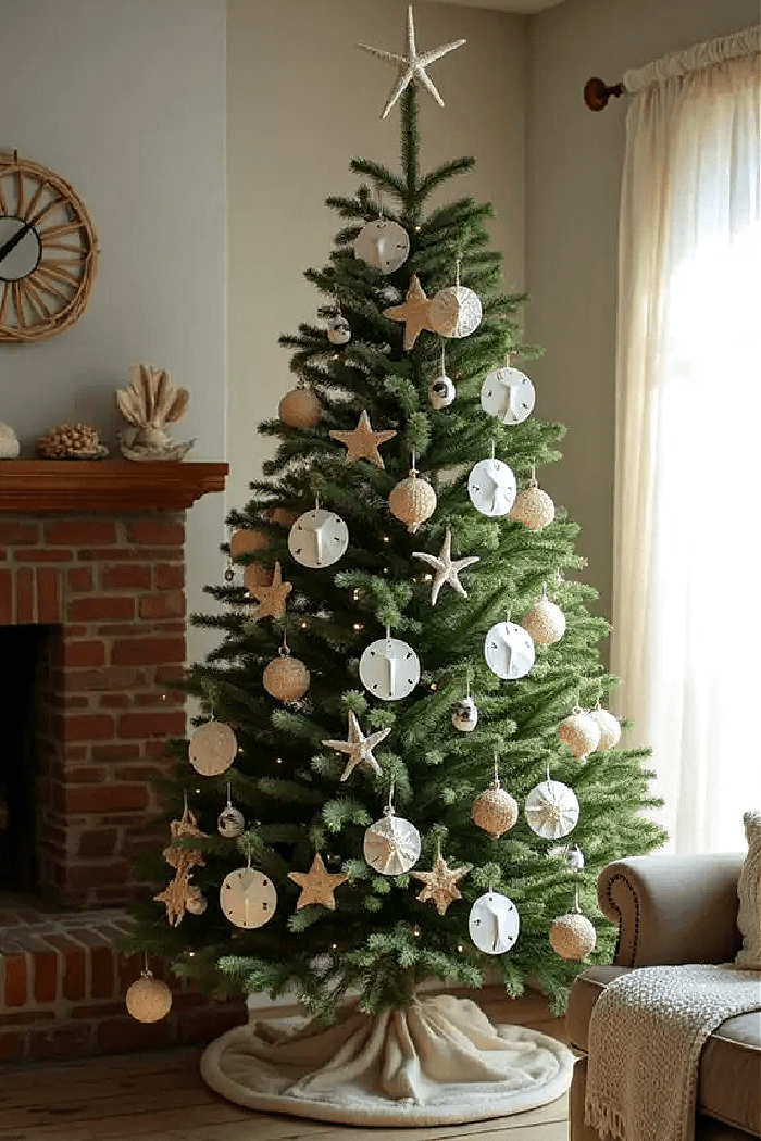 Ideas for year round Christmas trees could include this tree decorated with starfish, clam shells and neutral ornaments.