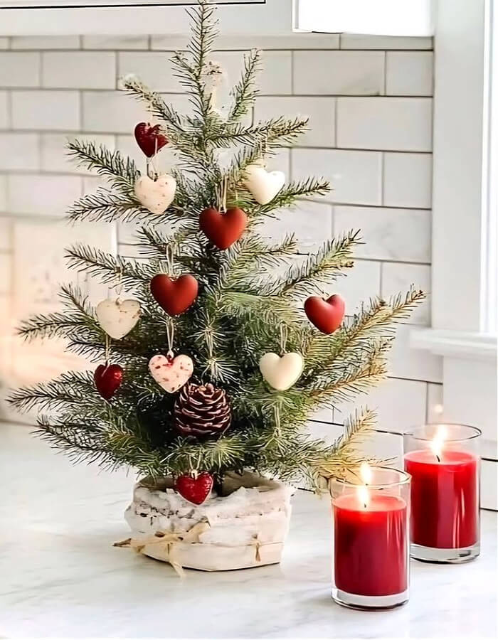 A red and white tree with pine cones for Valentine's Day.
