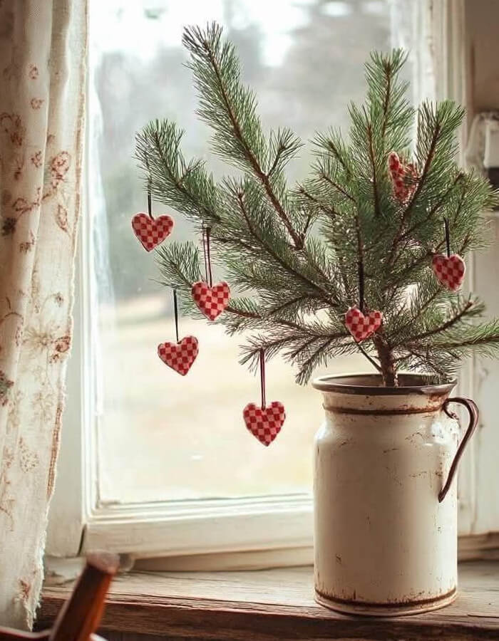 Ideas for year round Christmas trees might include this rustic urn with branches that hold red and white checked hearts.