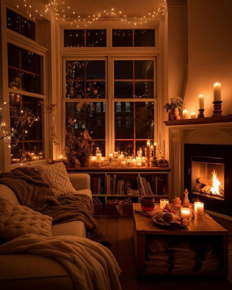 A winter wonderland of cozy moments when it's getting dark outside, and indoors it's warm in front of a fireplace with candles glowing in the window.