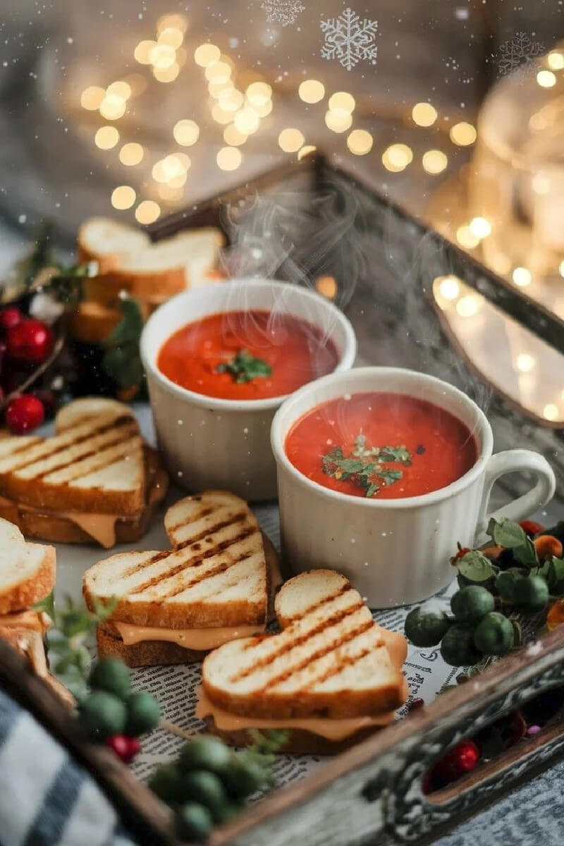 Heart-shaped grilled cheese sandwiches with hot tomato soup in mugs.