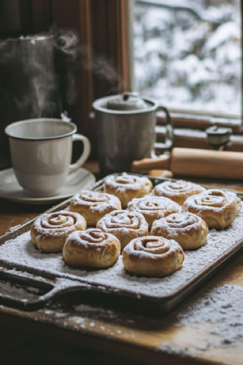Baking cinnamon rolls and having coffee while it snows outside your window.
