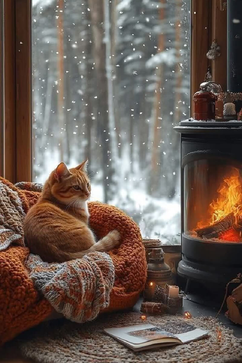 An orange cat curled up by the fire is one of the winter wonderland of cozy moments.