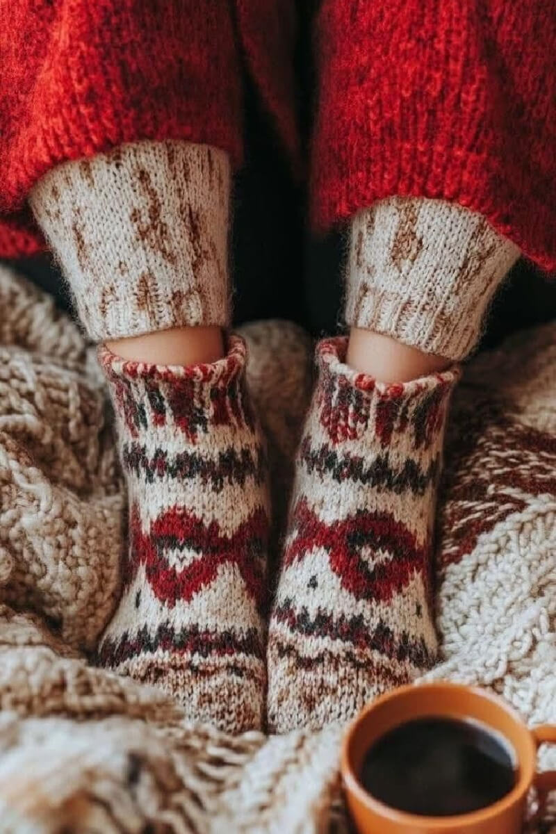 Wearing warm knitted socks and pajamas.