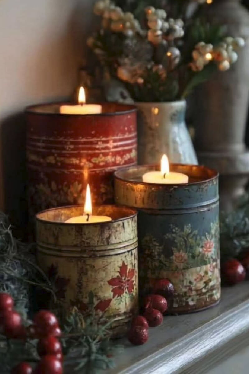 A winter wonderland of cozy moments is enjoying vintage cans of votive candles burning.