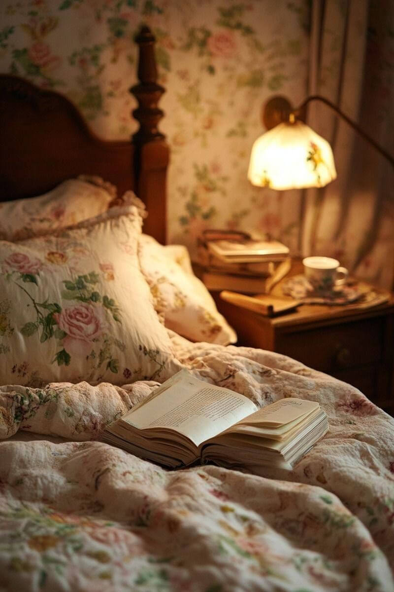 A winter wonderland of cozy moments is reading in bed with a hot cup of tea on the nightstand.